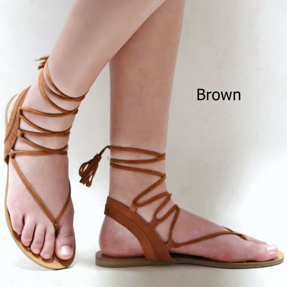 New Brown Lace Up Gladiator Flat Sandals - Picture 1 of 2